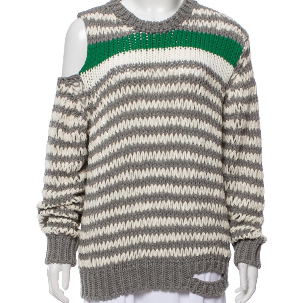 IRO Gray, Cream & Green Striped Cold-Shoulder Knit Sweater